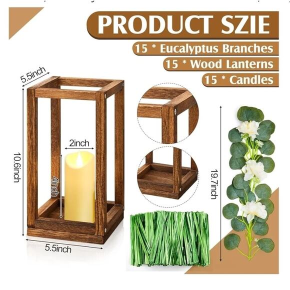 45 Pcs Wooden Wedding Lantern Eucalyptus Candle Center Piece (15 Sets) by Sabary - Picture 2 of 7